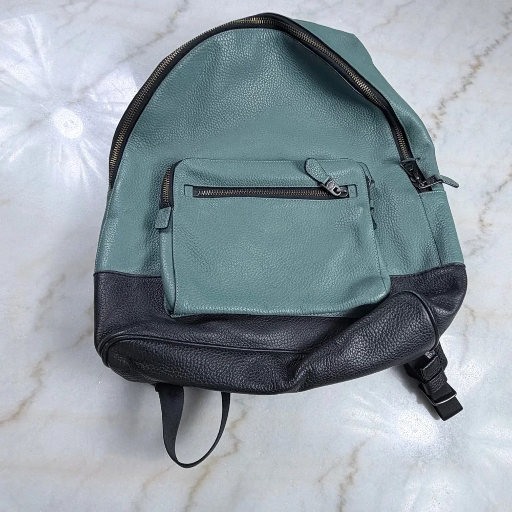 Coach West Backpack Teal Black Pebbled Leather F27287 Mens Bag